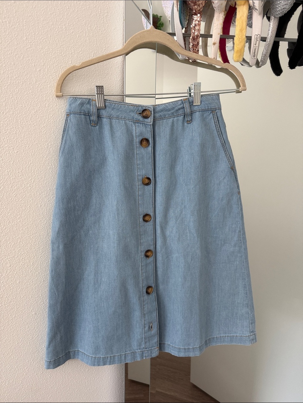 King Louis | Light Blue Button-Front A-Line Midi Denim Skirt | Size 36